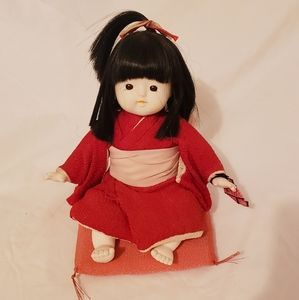 Adorable Asian Girl Doll Sitting on Cushion 8"